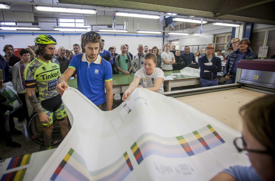 Sagan is shown how we print his World Champion Jersey