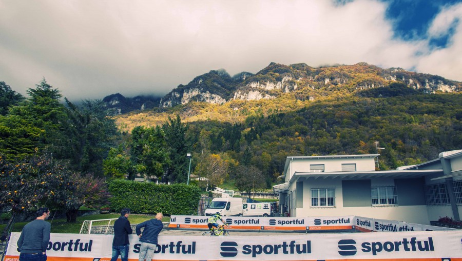 Brumotti practises his ball skills while Sagan gets changed, the Dolomites looming behind Sportful HQ